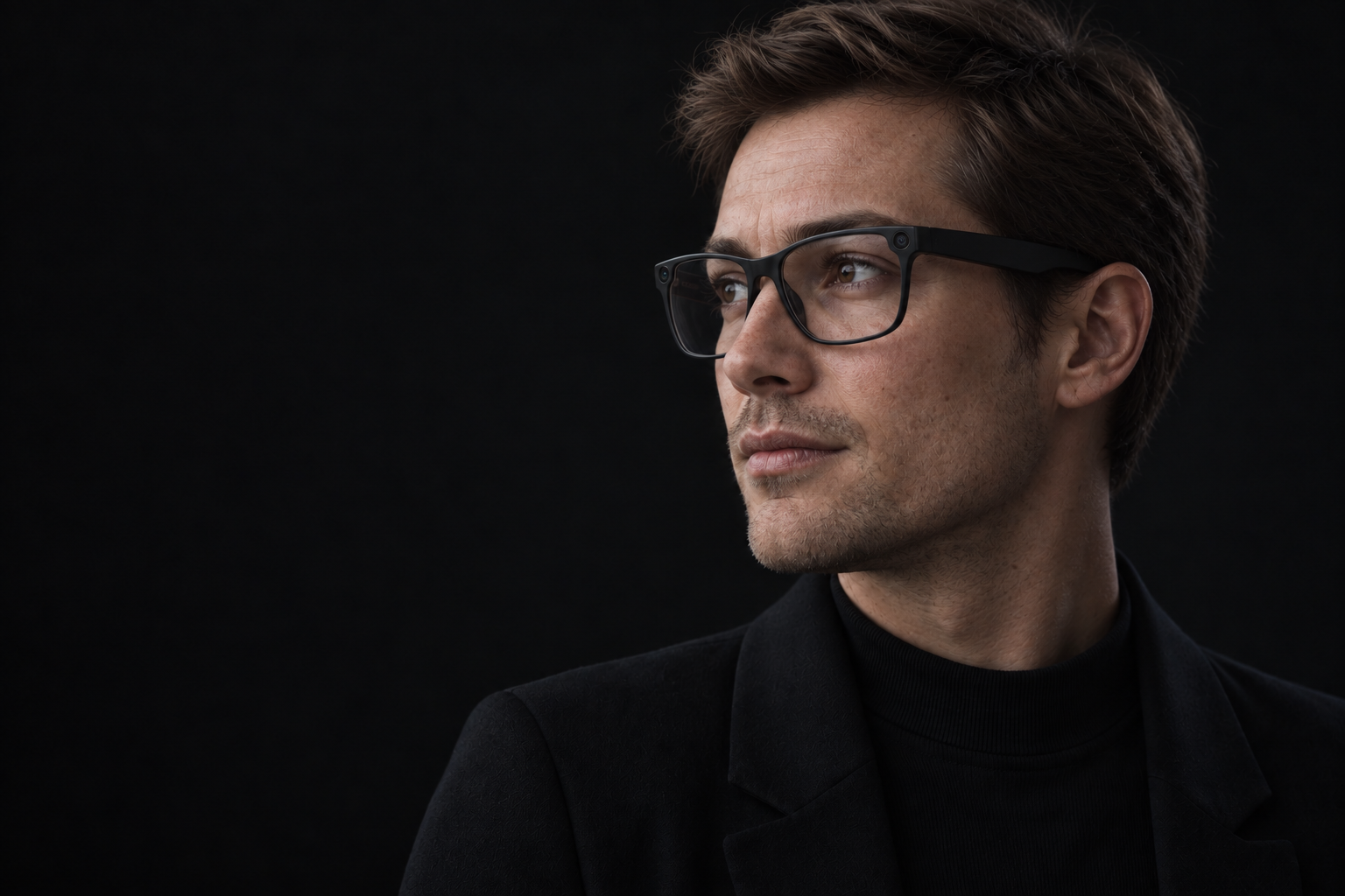 AI-generated portrait of a light-brown-haired man wearing black AI glasses with front-facing cameras